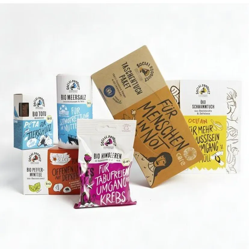 Produktbild: impact bundle x vegan - Geschenke-Set - Meersalz - Taschentuch - Schwammtuch - Pfefferminztee - Himbeeren in Zartbitter Schokolade - Tofu