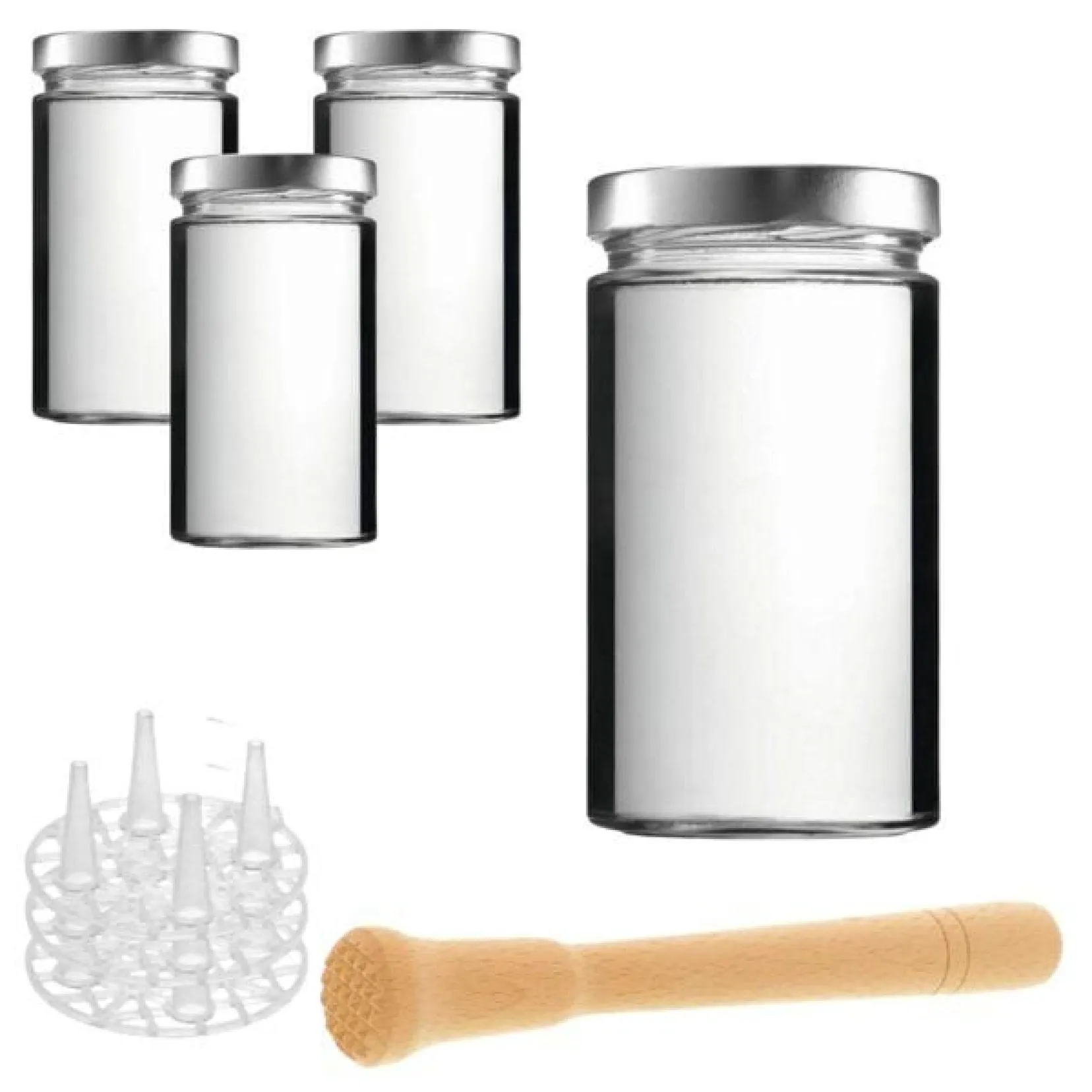 Produktbild: Fermentier Set - 4 Fermentiergläser 720 ml mit Fermentier Gitter, Holzstößel und Deckel (PVC-frei)