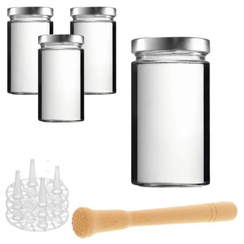 Produktbild: Fermentier Set - 4 Fermentiergläser 720 ml mit Fermentier Gitter, Holzstößel und Deckel (PVC-frei)