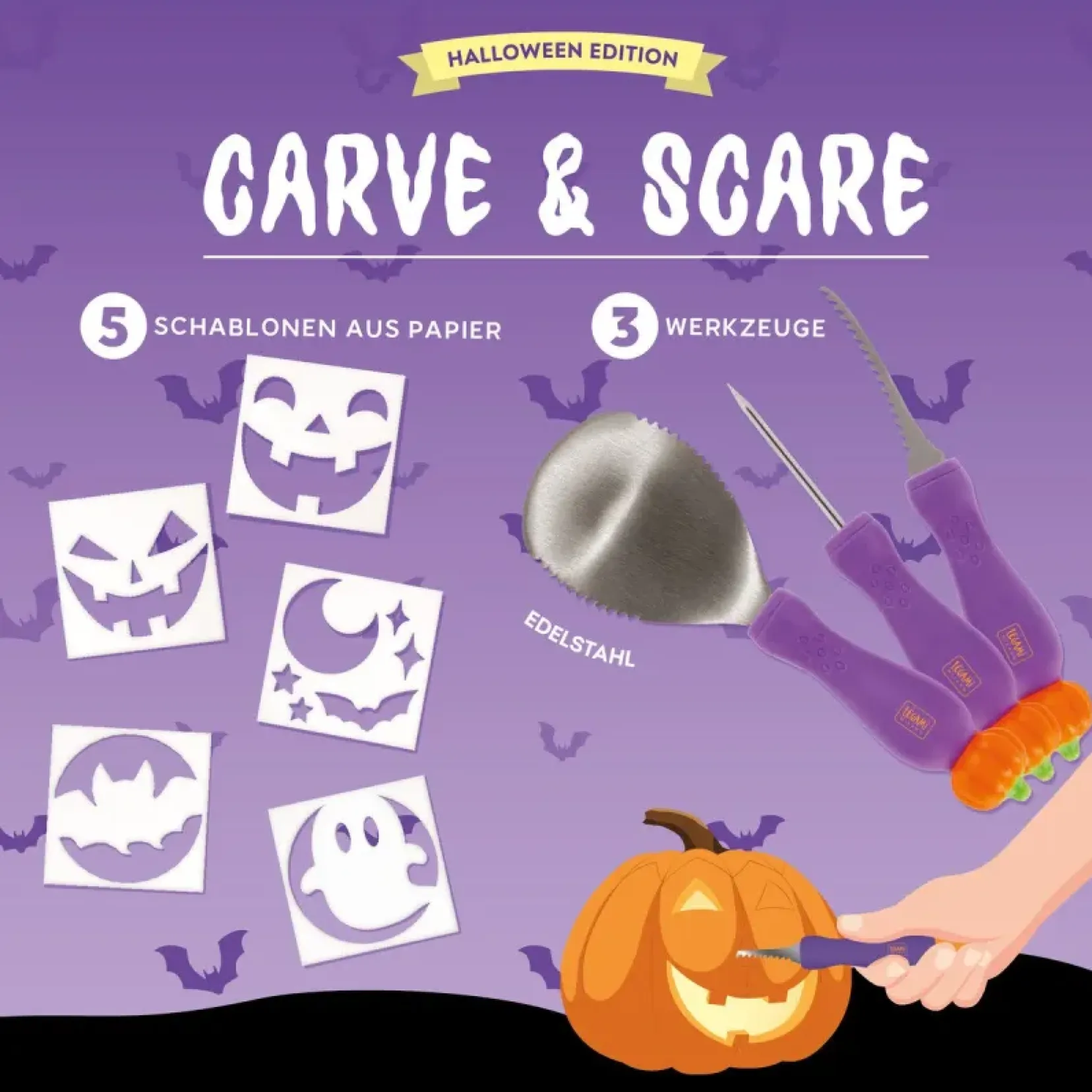 Produktbild: Halloween Kürbisschnitzset – Carve & Scare 20 cm