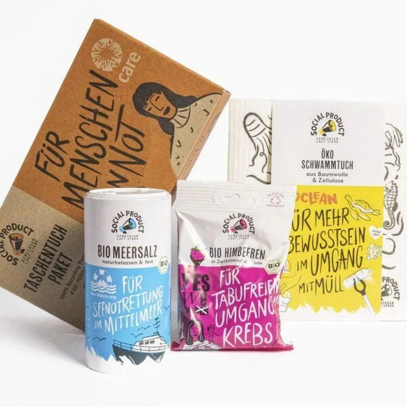Produktbild: social impact x NGO BUNDLE - Geschenke-Set - Meersalz - Taschentuch -
Schwammtuch - Himbeeren in Zartbitter Schokolade