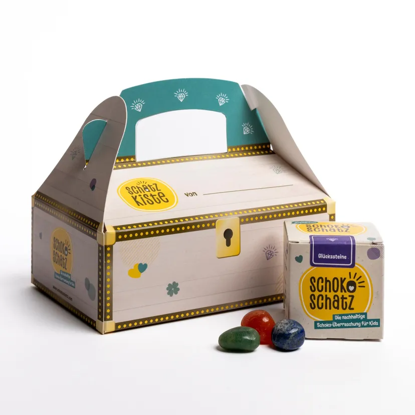 Produktbild: 6er Pack "SchokoSchatz für Kids" mit Schatzkiste - Edition "Glückssteine"
